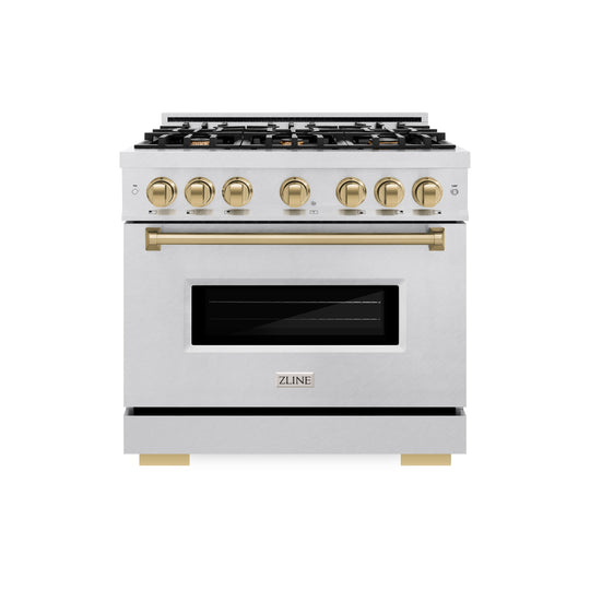 ZLINE Autograph Edition 36 in. 5.2 cu. ft. Classic Gas Range with 6 Burner Cooktop and Convection Gas Oven in Satin Stainless Steel and Champagne Bronze Accents (CGRSZ-36-CB)