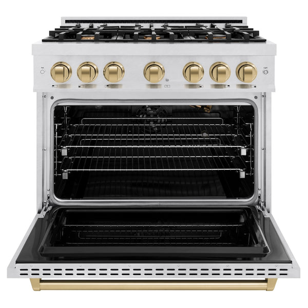 ZLINE Autograph Edition 36 in. 5.2 cu. ft. Classic Gas Range with 6 Burner Cooktop and Convection Gas Oven in Satin Stainless Steel and Champagne Bronze Accents, Open Box-Great Condition