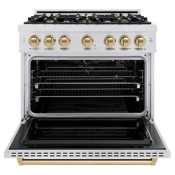ZLINE Autograph Edition 36 in. 5.2 cu. ft. Classic Gas Range with 6 Burner Cooktop and Convection Gas Oven in Satin Stainless Steel and Champagne Bronze Accents, Open Box-Good Condition