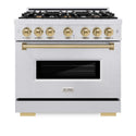 ZLINE Autograph Edition 36 in. 5.2 cu. ft. Classic Gas Range with 6 Burner Cooktop and Convection Gas Oven in Satin Stainless Steel and Champagne Bronze Accents, Open Box-Good Condition