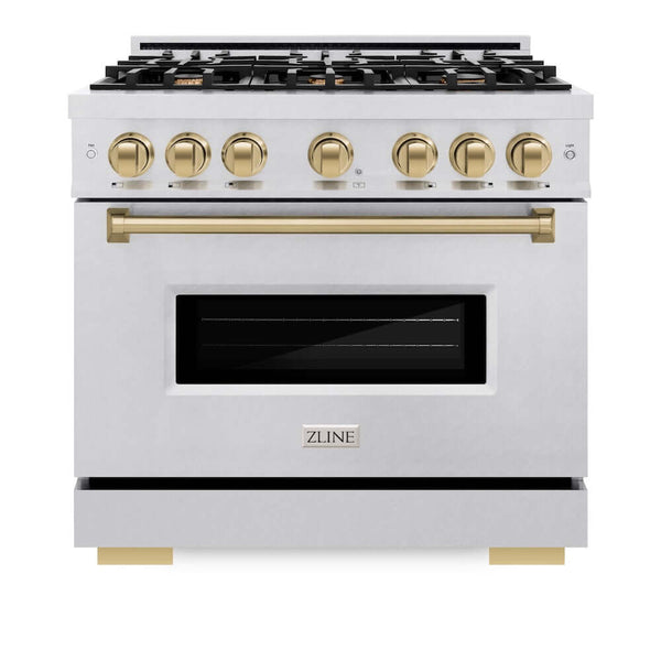 ZLINE Autograph Edition 36 in. 5.2 cu. ft. Classic Gas Range with 6 Burner Cooktop and Convection Gas Oven in Satin Stainless Steel and Champagne Bronze Accents, Open Box-Good Condition