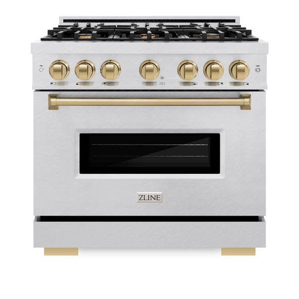 ZLINE Autograph Edition 36 in. 5.2 cu. ft. Classic Gas Range with 6 Burner Cooktop and Convection Gas Oven in Satin Stainless Steel and Champagne Bronze Accents (CGRSZ-36-CB)