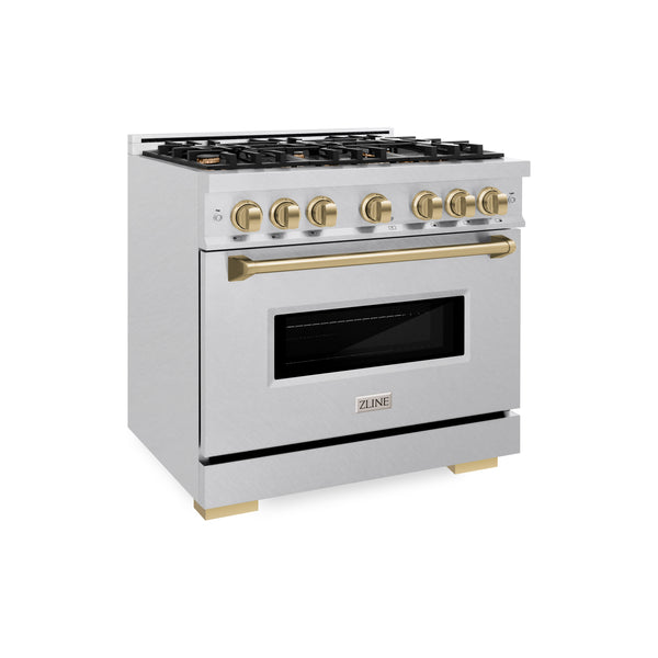 ZLINE Autograph Edition 36 in. 5.2 cu. ft. Classic Gas Range with 6 Burner Cooktop and Convection Gas Oven in Satin Stainless Steel and Champagne Bronze Accents (CGRSZ-36-CB)