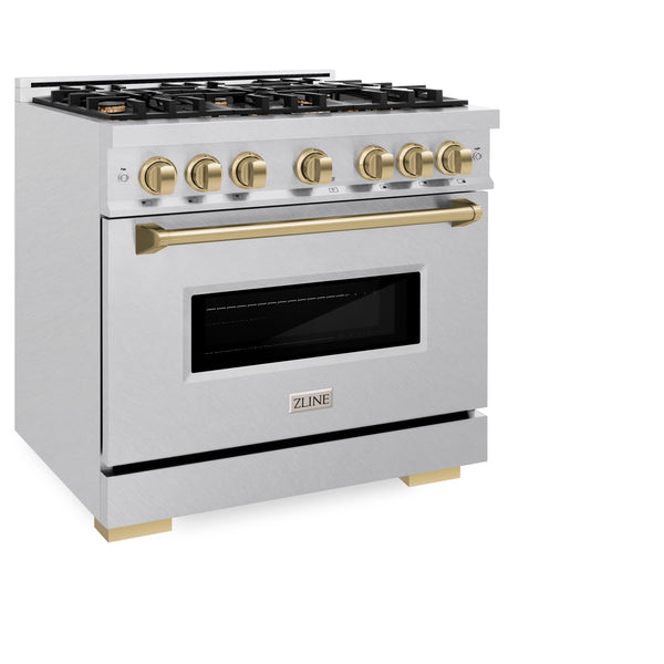 ZLINE Autograph Edition 36 in. 5.2 cu. ft. Classic Gas Range with 6 Burner Cooktop and Convection Gas Oven in Satin Stainless Steel and Champagne Bronze Accents (CGRSZ-36-CB)