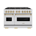 ZLINE Autograph Edition 48 in. 6.7 cu. ft. Classic Double Oven Gas Range with 8 Burner Cooktop in Satin Stainless Steel and Champagne Bronze Accents, Open Box-Great Condition