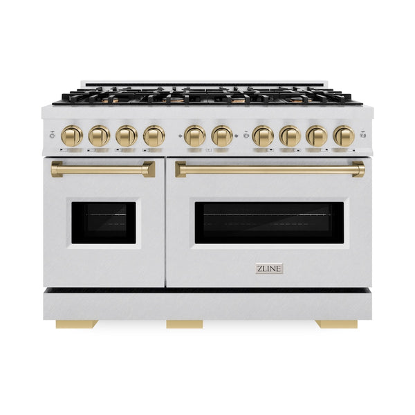 ZLINE Autograph Edition 48 in. 6.7 cu. ft. Classic Double Oven Gas Range with 8 Burner Cooktop in Satin Stainless Steel and Champagne Bronze Accents, Open Box-Great Condition