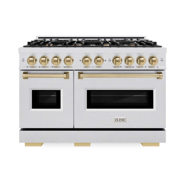 ZLINE Autograph Edition 48 in. 6.7 cu. ft. Classic Double Oven Gas Range with 8 Burner Cooktop in Satin Stainless Steel and Champagne Bronze Accents, Open Box-Good Condition