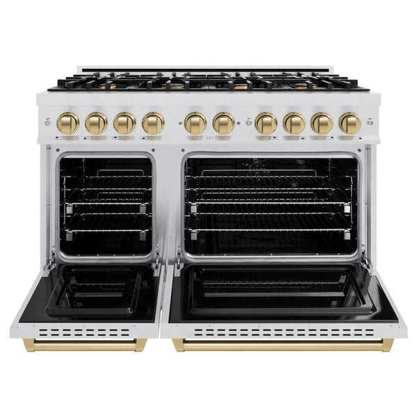ZLINE Autograph Edition 48 in. 6.7 cu. ft. Classic Double Oven Gas Range with 8 Burner Cooktop in Satin Stainless Steel and Champagne Bronze Accents, Open Box-Good Condition