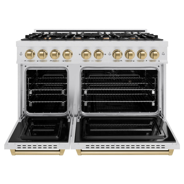 ZLINE Autograph Edition 48 in. 6.7 cu. ft. Classic Double Oven Gas Range with 8 Burner Cooktop in Satin Stainless Steel and Champagne Bronze Accents, Open Box-Great Condition