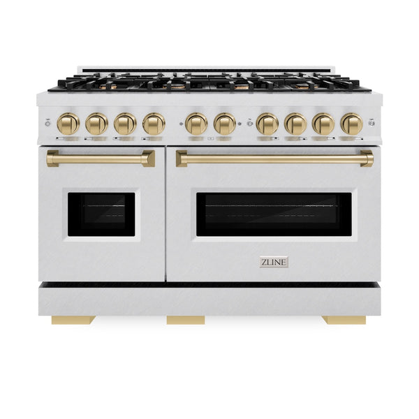 ZLINE Autograph Edition 48 in. 6.7 cu. ft. Classic Double Oven Gas Range with 8 Burner Cooktop in Satin Stainless Steel and Champagne Bronze Accents, Open Box-Great Condition