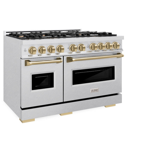 ZLINE Autograph Edition 48 in. 6.7 cu. ft. Classic Double Oven Gas Range with 8 Burner Cooktop in Satin Stainless Steel and Champagne Bronze Accents, Open Box-Great Condition