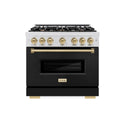 ZLINE Autograph Edition 36 in. 5.2 cu. ft. Classic Gas Range with 6 Burner Cooktop and Convection Gas Oven in Satin Stainless Steel with Black Matte Door and Champagne Bronze Accents, Open Box-Great Condition