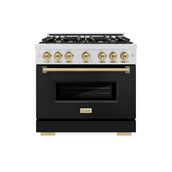ZLINE Autograph Edition 36 in. 5.2 cu. ft. Classic Gas Range with 6 Burner Cooktop and Convection Gas Oven in Satin Stainless Steel with Black Matte Door and Champagne Bronze Accents, Open Box-Great Condition