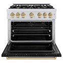 ZLINE Autograph Edition 36 in. 5.2 cu. ft. Classic Gas Range with 6 Burner Cooktop and Convection Gas Oven in Satin Stainless Steel with Black Matte Door and Champagne Bronze Accents, Open Box-Great Condition