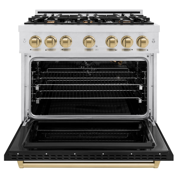 ZLINE Autograph Edition 36 in. 5.2 cu. ft. Classic Gas Range with 6 Burner Cooktop and Convection Gas Oven in Satin Stainless Steel with Black Matte Door and Champagne Bronze Accents, Open Box-Great Condition