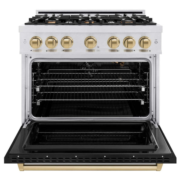 ZLINE Autograph Edition 36 in. 5.2 cu. ft. Classic Gas Range with 6 Burner Cooktop and Convection Gas Oven in Satin Stainless Steel with Black Matte Door and Champagne Bronze Accents, Open Box-Good Condition