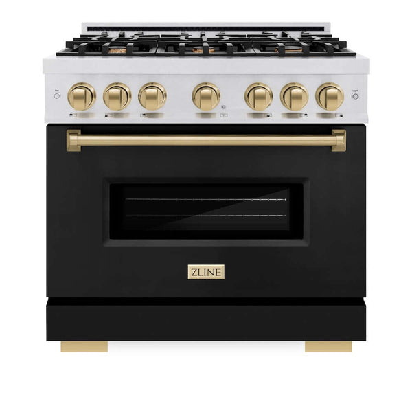 ZLINE Autograph Edition 36 in. 5.2 cu. ft. Classic Gas Range with 6 Burner Cooktop and Convection Gas Oven in Satin Stainless Steel with Black Matte Door and Champagne Bronze Accents, Open Box-Good Condition
