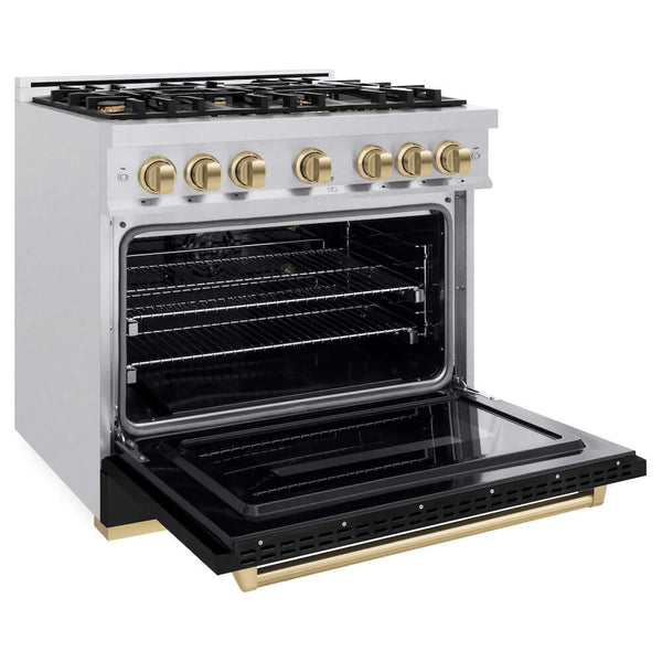 ZLINE Autograph Edition 36 in. 5.2 cu. ft. Classic Gas Range with 6 Burner Cooktop and Convection Gas Oven in Satin Stainless Steel with Black Matte Door and Champagne Bronze Accents, Open Box-Good Condition