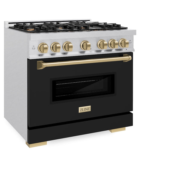 ZLINE Autograph Edition 36 in. 5.2 cu. ft. Classic Gas Range with 6 Burner Cooktop and Convection Gas Oven in Satin Stainless Steel with Black Matte Door and Champagne Bronze Accents, Open Box-Great Condition