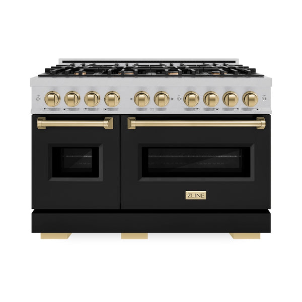 ZLINE Autograph Edition 48 in. 6.7 cu. ft. Classic Double Oven Gas Range with 8 Burner Cooktop in Satin Stainless Steel with Black Matte Doors and Champagne Bronze Accents, Open Box-Great Condition