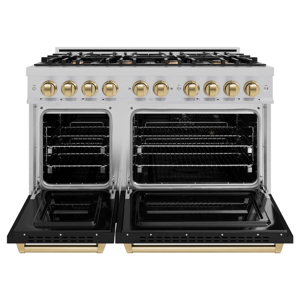 ZLINE Autograph Edition 48 in. 6.7 cu. ft. Classic Double Oven Gas Range with 8 Burner Cooktop in Satin Stainless Steel with Black Matte Doors and Champagne Bronze Accents, Open Box-Great Condition