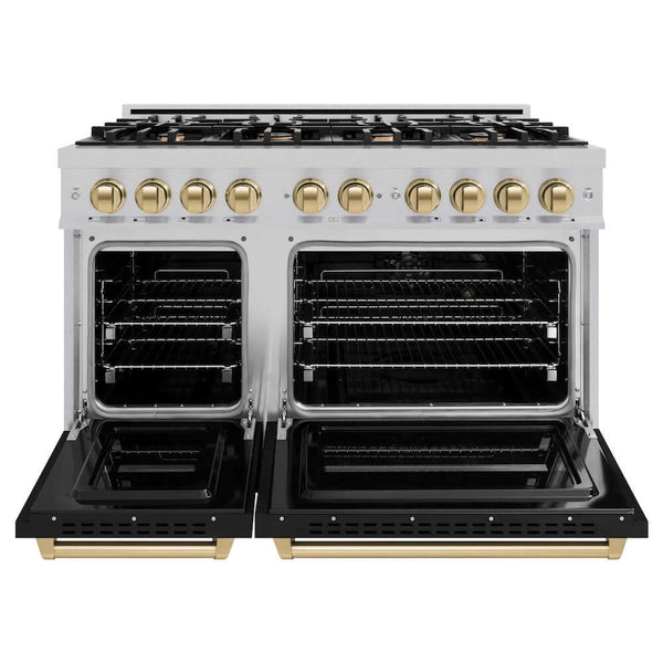 ZLINE Autograph Edition 48 in. 6.7 cu. ft. Classic Double Oven Gas Range with 8 Burner Cooktop in Satin Stainless Steel with Black Matte Doors and Champagne Bronze Accents, Open Box-Good Condition