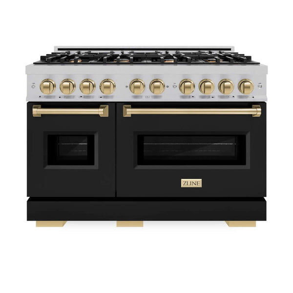 ZLINE Autograph Edition 48 in. 6.7 cu. ft. Classic Double Oven Gas Range with 8 Burner Cooktop in Satin Stainless Steel with Black Matte Doors and Champagne Bronze Accents, Open Box-Good Condition