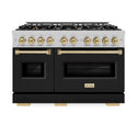 ZLINE Autograph Edition 48 in. 6.7 cu. ft. Classic Double Oven Gas Range with 8 Burner Cooktop in Satin Stainless Steel with Black Matte Doors and Champagne Bronze Accents, Open Box-Great Condition