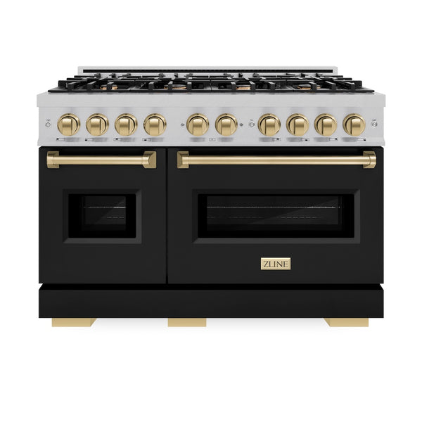 ZLINE Autograph Edition 48 in. 6.7 cu. ft. Classic Double Oven Gas Range with 8 Burner Cooktop in Satin Stainless Steel with Black Matte Doors and Champagne Bronze Accents, Open Box-Great Condition