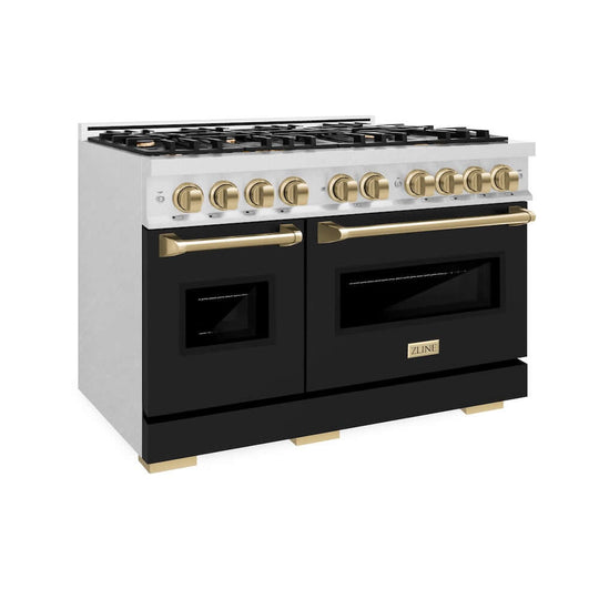 ZLINE Autograph Edition 48 in. 6.7 cu. ft. Classic Double Oven Gas Range with 8 Burner Cooktop in Satin Stainless Steel with Black Matte Doors and Champagne Bronze Accents, Open Box-Good Condition