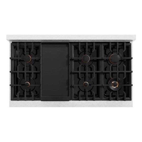 ZLINE Autograph Edition 48 in. 6.7 cu. ft. Classic Double Oven Gas Range with 8 Burner Cooktop in Satin Stainless Steel with Black Matte Doors and Champagne Bronze Accents, Open Box-Good Condition