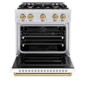 ZLINE Autograph Edition 30 in. 4.2 cu. ft. Classic Gas Range with 4 Burner Cooktop and Convection Gas Oven in Satin Stainless Steel with White Matte Door and Champagne Bronze Accents, Open Box-Good Condition