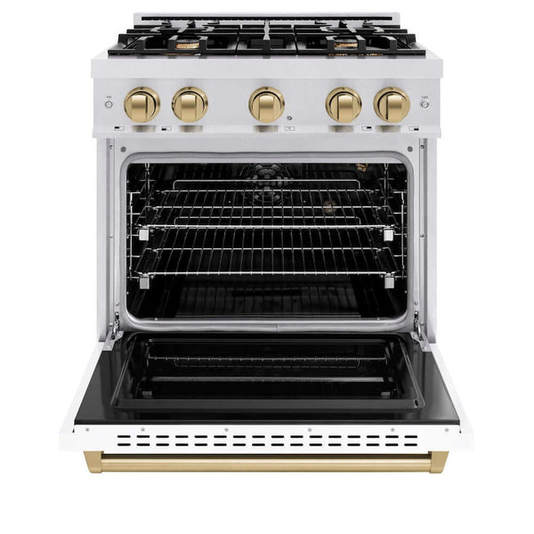 ZLINE Autograph Edition 30 in. 4.2 cu. ft. Classic Gas Range with 4 Burner Cooktop and Convection Gas Oven in Satin Stainless Steel with White Matte Door and Champagne Bronze Accents, Open Box-Good Condition