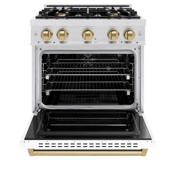 ZLINE Autograph Edition 30 in. 4.2 cu. ft. Classic Gas Range with 4 Burner Cooktop and Convection Gas Oven in Satin Stainless Steel with White Matte Door and Champagne Bronze Accents, Open Box-Great Condition