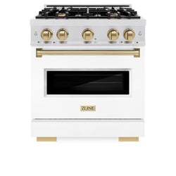 ZLINE Autograph Edition 30 in. 4.2 cu. ft. Classic Gas Range with 4 Burner Cooktop and Convection Gas Oven in Satin Stainless Steel with White Matte Door and Champagne Bronze Accents (CGRSZ-WM-30-CB)
