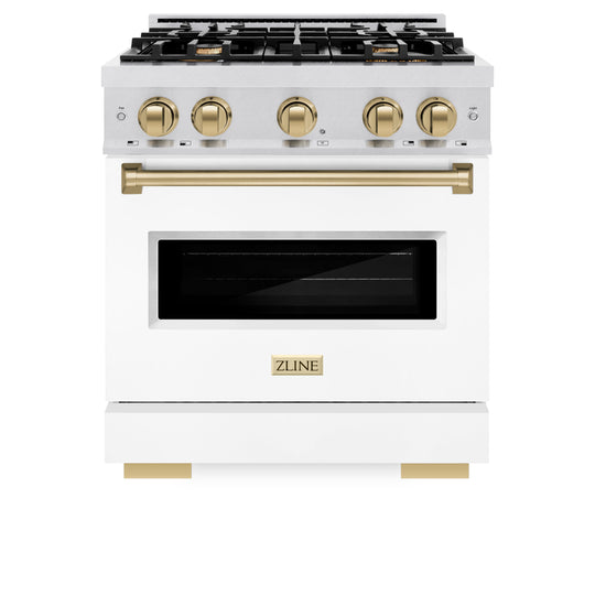 ZLINE Autograph Edition 30 in. 4.2 cu. ft. Classic Gas Range with 4 Burner Cooktop and Convection Gas Oven in Satin Stainless Steel with White Matte Door and Champagne Bronze Accents (CGRSZ-WM-30-CB)