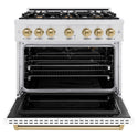 ZLINE Autograph Edition 36 in. 5.2 cu. ft. Classic Gas Range with 6 Burner Cooktop and Convection Gas Oven in Satin Stainless Steel with White Matte Door and Champagne Bronze Accents, Open Box-Good Condition