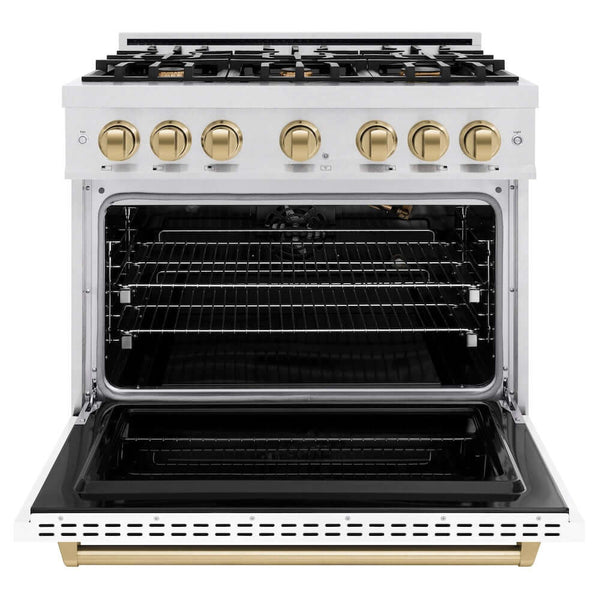 ZLINE Autograph Edition 36 in. 5.2 cu. ft. Classic Gas Range with 6 Burner Cooktop and Convection Gas Oven in Satin Stainless Steel with White Matte Door and Champagne Bronze Accents, Open Box-Good Condition