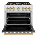 ZLINE Autograph Edition 36 in. 5.2 cu. ft. Classic Gas Range with 6 Burner Cooktop and Convection Gas Oven in Satin Stainless Steel with White Matte Door and Champagne Bronze Accents, Open Box-Great Condition