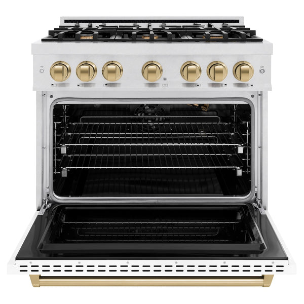 ZLINE Autograph Edition 36 in. 5.2 cu. ft. Classic Gas Range with 6 Burner Cooktop and Convection Gas Oven in Satin Stainless Steel with White Matte Door and Champagne Bronze Accents, Open Box-Great Condition