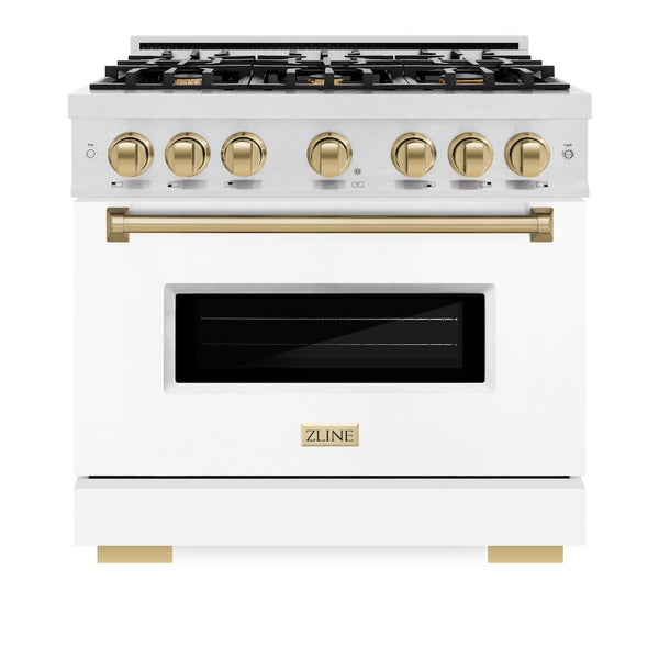 ZLINE Autograph Edition 36 in. 5.2 cu. ft. Classic Gas Range with 6 Burner Cooktop and Convection Gas Oven in Satin Stainless Steel with White Matte Door and Champagne Bronze Accents, Open Box-Great Condition