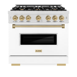 ZLINE Autograph Edition 36 in. 5.2 cu. ft. Classic Gas Range with 6 Burner Cooktop and Convection Gas Oven in Satin Stainless Steel with White Matte Door and Champagne Bronze Accents (CGRSZ-WM-36-CB)