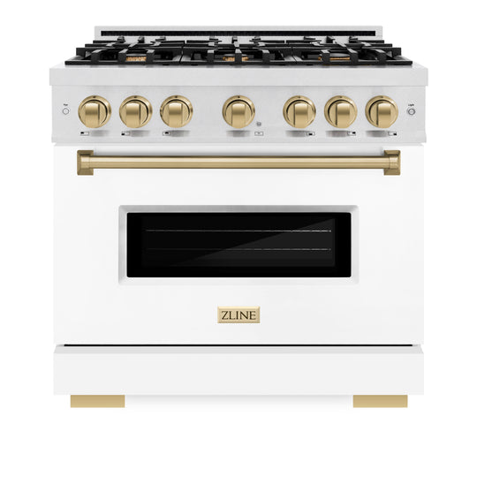 ZLINE Autograph Edition 36 in. 5.2 cu. ft. Classic Gas Range with 6 Burner Cooktop and Convection Gas Oven in Satin Stainless Steel with White Matte Door and Champagne Bronze Accents (CGRSZ-WM-36-CB)