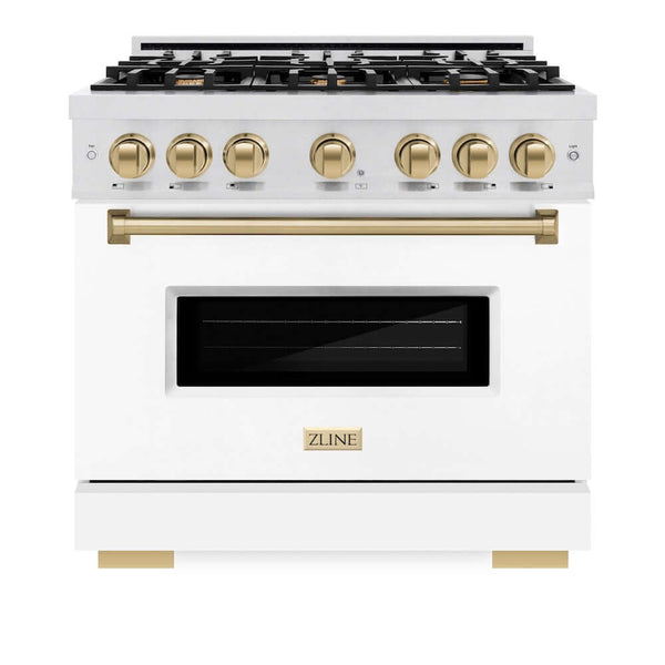 ZLINE Autograph Edition 36 in. 5.2 cu. ft. Classic Gas Range with 6 Burner Cooktop and Convection Gas Oven in Satin Stainless Steel with White Matte Door and Champagne Bronze Accents, Open Box-Good Condition