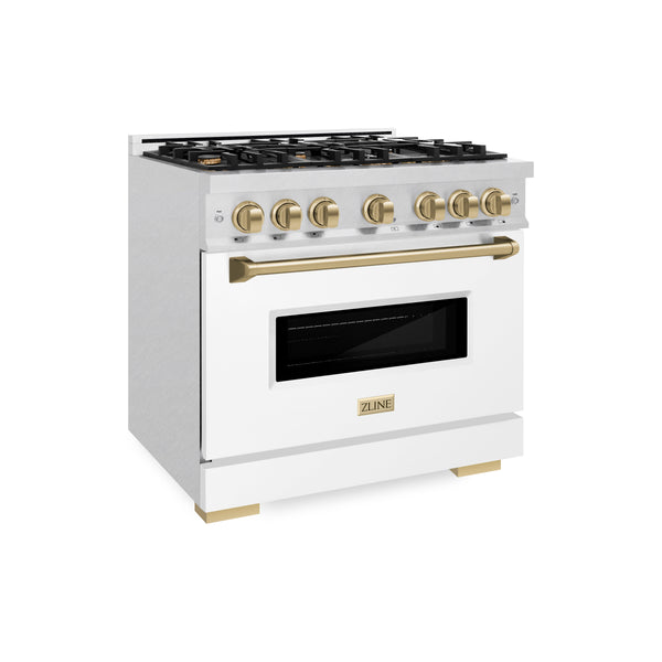 ZLINE Autograph Edition 36 in. 5.2 cu. ft. Classic Gas Range with 6 Burner Cooktop and Convection Gas Oven in Satin Stainless Steel with White Matte Door and Champagne Bronze Accents (CGRSZ-WM-36-CB)