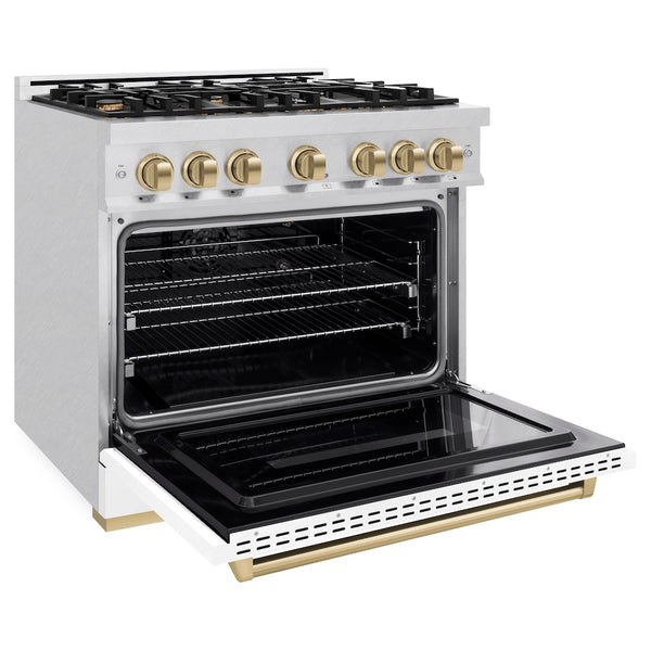 ZLINE Autograph Edition 36 in. 5.2 cu. ft. Classic Gas Range with 6 Burner Cooktop and Convection Gas Oven in Satin Stainless Steel with White Matte Door and Champagne Bronze Accents, Open Box-Great Condition