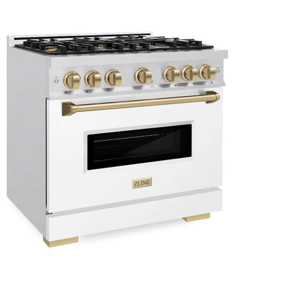 ZLINE Autograph Edition 36 in. 5.2 cu. ft. Classic Gas Range with 6 Burner Cooktop and Convection Gas Oven in Satin Stainless Steel with White Matte Door and Champagne Bronze Accents, Open Box-Good Condition