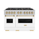 ZLINE Autograph Edition 48 in. 6.7 cu. ft. Classic Double Oven Gas Range with 8 Burner Cooktop in Satin Stainless Steel with White Matte Doors and Champagne Bronze Accents (CGRSZ-WM-48-CB)