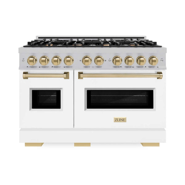 ZLINE Autograph Edition 48 in. 6.7 cu. ft. Classic Double Oven Gas Range with 8 Burner Cooktop in Satin Stainless Steel with White Matte Doors and Champagne Bronze Accents, Open Box-Good Condition