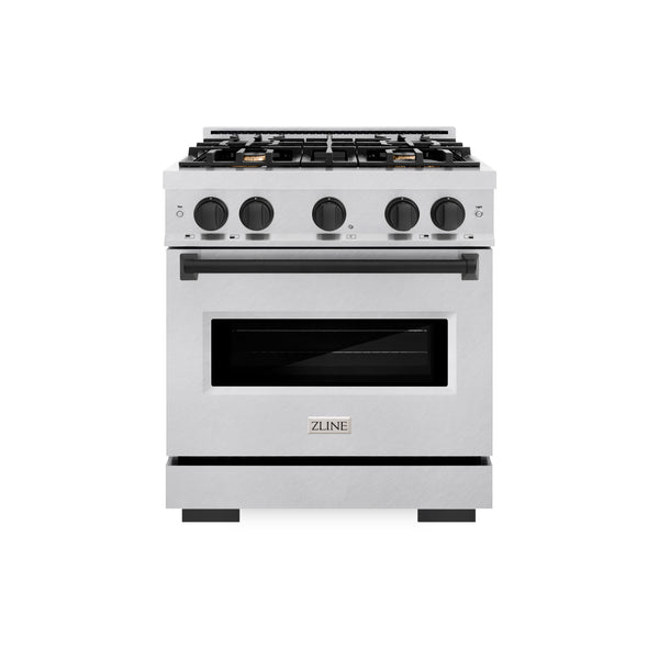 ZLINE Autograph Edition 30 in. 4.2 cu. ft. Classic Gas Range with 4 Burner Cooktop and Convection Gas Oven in Satin Stainless Steel with White Matte Door and Matte Black Accents (CGRSZ-WM-30-MB)
